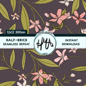 May include: A seamless pattern featuring pink flowers with green leaves on a dark gray background. The pattern is 12 inches by 12 inches and has a 300 DPI resolution. The text "HALF-BRICK SEAMLESS REPEAT" and "INSTANT DOWNLOAD" is also included in the design.