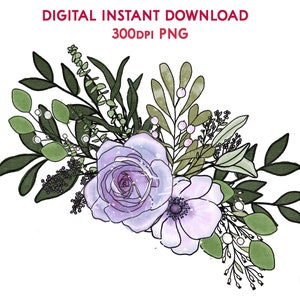 Purple Rose Corner Boeket PNG Geïllustreerde Bloemen voor Sublimatie Clip art Stickers Cadeauverpakking Decor Geschenken Papier ambachten Notitiekaarten Planners +