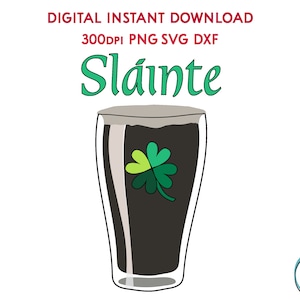 May include: A glass of dark beer with a green four-leaf clover inside. The text "Sláinte" is written in green above the glass.