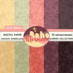 May include: A digital paper pack with 10 monochrome flower patterns in various shades of pink, red, brown, and beige. The text "Boho Afternoon 10 Monochrome Flowers Collection" is displayed on the image.