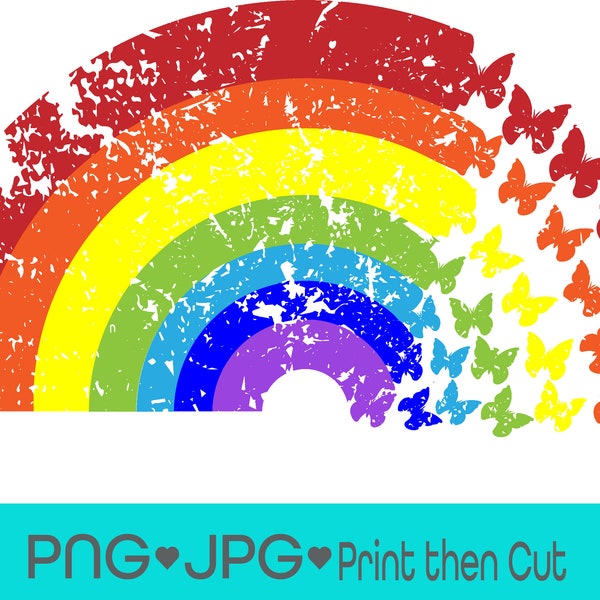 Rainbow to Butterflies PNG JPG, Distressed Rainbow TShirt Design, LGBTQ TShirt, Rainbow Sticker Design, Rainbow Clip Art, Butterfly Clip Art