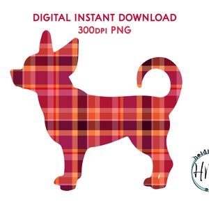 May include: A digital download of a red and orange plaid chihuahua silhouette. The image is 300 DPI and is perfect for crafting projects.