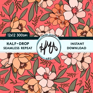 May include: A seamless pattern featuring a half-drop repeat of pink, orange, and white flowers with green leaves on a coral background. The pattern is 12x12 inches and 300 DPI. The text "Heidi Myers Art" is in a circle in the center of the image.