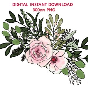 Pink Rose Corner Bouquet PNG Geïllustreerde Bloemen voor Sublimatie Clip Art Stickers Gift Wrap Decor Geschenken Papier Ambachten Notitiekaarten Planners enz