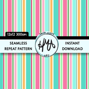 Puede incluir: Un patrón sin costuras con rayas verticales en tonos de rosa, verde, naranja, amarillo y turquesa. El patrón es de 12x12 pulgadas y 300 DPI. El texto "SEAMLESS REPEAT PATTERN" y "INSTANT DOWNLOAD" se muestra en la imagen.