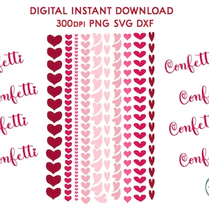 Peut inclure: Téléchargement numérique de bordures de confettis en forme de cœur en rose et rouge, 300 DPI. Les bordures sont composées de rangées de cœurs de différentes tailles et nuances. Le texte "Confetti" apparaît plusieurs fois sur l'image.