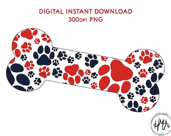 Os de chien rouge, blanc et bleu, motif de dispersion d'empreintes de pattes PNG idéal pour l'impression par sublimation, clip art, autocollants en tissu, etc. parfait pour les amoureux des chiens