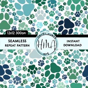 May include: Seamless repeat pattern digital paper featuring a white background with blue, green, and navy blue paw prints of various sizes. The text "12x12 300DPI" and "Seamless Repeat Pattern" are at the top of the image. The text "Heidi Myers Art" is in a circle at the bottom of the image. The text "Instant Download" is at the bottom right of the image.