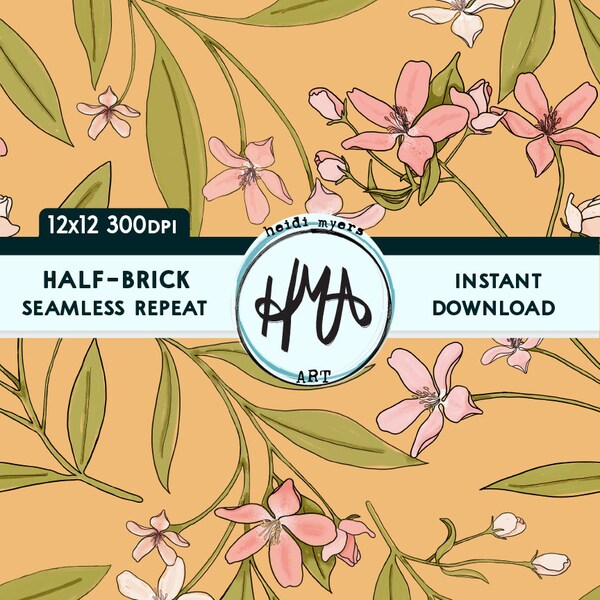 Delicate Pink Flowers Pattern on apricot 12x12 300dpi PNG For Sublimation Crafting Printing Can be used as a half-brick seamless repeat