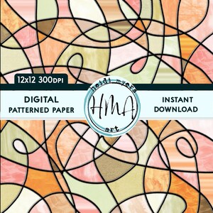 May include: Digital patterned paper featuring a stained glass design in shades of pink, orange, brown, and green. The pattern incorporates abstract lines and curves. The text "12x12 300DPI", "DIGITAL PATTERNED PAPER", "Heidi Myers Art", and "INSTANT DOWNLOAD" is visible.