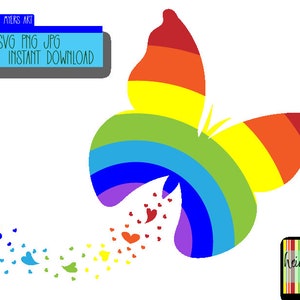 May include: A rainbow-colored butterfly with a trail of small hearts in the colors of the rainbow. The butterfly is a digital download, available in SVG, PNG, and JPG formats.