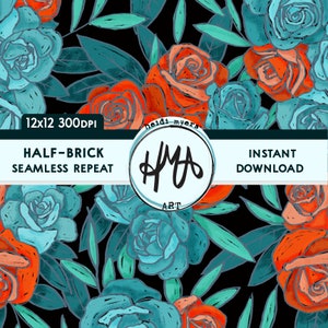 以下が含まれることがあります： 黒の背景に、ティールとオレンジのバラが描かれたシームレスなパターン。パターンは12インチ×12インチ、300DPI。画像には「Half-Brick Seamless Repeat」と「Instant Download」のテキストが含まれています。