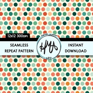 May include: A seamless repeat pattern featuring a white background with a repeating pattern of green, orange, red, and pink circles.