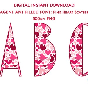 PNG アルファベット エージェント アント フォント ピンク & 赤 ハート スキャッター パターン 300dpi 3 インチ 大文字小文字混合 編集またはインストール可能なフォントではありません
