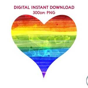 Regenbogen Aquarell Herz PNG 300dpi Sofortiger digitaler Download, bunte Kunst für Kunsthandwerk, Aufkleber, Karten & Geschenke, Pride Clipart