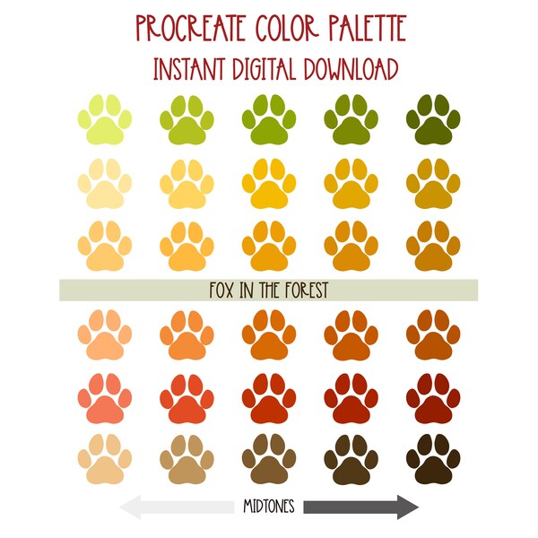 Procreate Color Palette Fox in the Forest Playful fall flora & fauna colors Deep red Foxy orange + yellow Mossy green Rich browns Fall decor