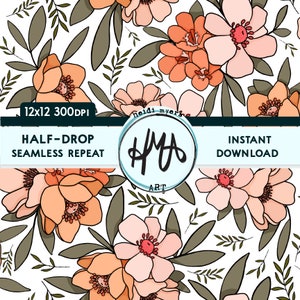 May include: A seamless pattern featuring peach and pink flowers with green leaves on a white background. The pattern is 12x12 inches and 300 DPI. The text "HALF-DROP SEAMLESS REPEAT" and "INSTANT DOWNLOAD" is also included in the image.