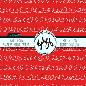 May include: A digital seamless repeat pattern with white squiggly lines on a red background. The pattern is 12 inches by 12 inches and is available as a 300 DPI PNG file for instant download. The text "HEIDI MYERS ART" and "HYMA ART" is also included in the image.
