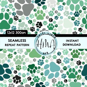 Pode incluir: Padrão sem costura repetido com pegadas em vários tons de verde, azul, cinza e preto sobre um fundo branco. O texto "HMA art" está em um círculo com uma borda preta.
