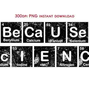 May include: A black and white graphic design featuring the periodic table elements spelled out to read "Because Science".