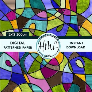 May include: Digital patterned paper with a stained glass design featuring abstract shapes in shades of blue, green, yellow, pink, and brown. The paper is 12x12 inches and 300 DPI. The text "Heidi Myers Art" is in a circle in the center of the image.