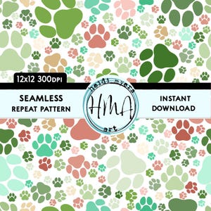 May include: A seamless repeat pattern featuring paw prints in various colors, including green, pink, red, and beige. The pattern is set against a white background. The text "12x12 300DPI" and "SEAMLESS REPEAT PATTERN" are visible at the top of the image. The text "INSTANT DOWNLOAD" is visible at the bottom of the image.