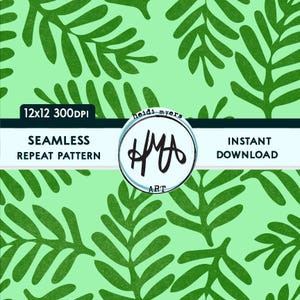 May include: A seamless repeat pattern featuring green leaves on a light green background. The pattern is 12x12 inches and 300 DPI. The text "Heidi Myers Art" is in a circle in the center of the image.
