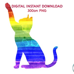 Könnte beinhalten: Eine Regenbogen-Aquarell-Katzensilhouette mit erhobenem Pfote. Die Katze sitzt auf einem weißen Hintergrund.