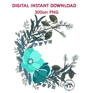 Teal Flower Crescent PNG Geïllustreerde Bloemen voor Sublimatie Clip art Stickers Cadeaupapier Decor Geschenken Papier ambachten Notecards Planners +