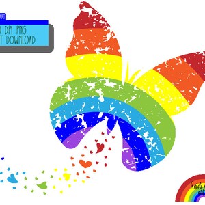 Distressed Rainbow Butterfly with Heart Trail PNG, Rainbow TShirt Design, LGBTQ, Rainbow Sticker Design, Sublimation, Butterfly Tee