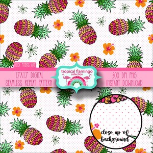May include: A seamless digital pattern featuring pink and orange pineapples with green leaves on a white background with small pink dots. The text "tropical flamingo collection" is in a pink banner at the top of the image.