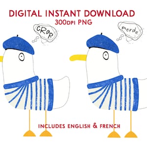 Seagull Cursing PNG Zoute Franse zeemeeuw "Jacques Segal" Illustraties voor digitale sublimatiedruk Stickers + incl. Engels en Frans