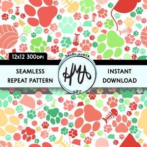May include: A seamless repeat pattern featuring a black background with various cat-themed illustrations in shades of red, green, yellow, and pink. The illustrations include paw prints, cat toys, fish bones, and flowers. The text "12x12 300DPI", "SEAMLESS REPEAT PATTERN", "HMA ART", and "INSTANT DOWNLOAD" is also included in the image.