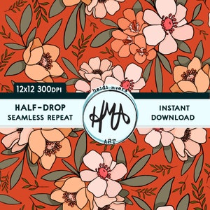 May include: A seamless pattern featuring a repeating design of orange and white flowers on a red background. The pattern is 12x12 inches and 300 DPI. The text "HALF-DROP SEAMLESS REPEAT" and "INSTANT DOWNLOAD" is included in the image.