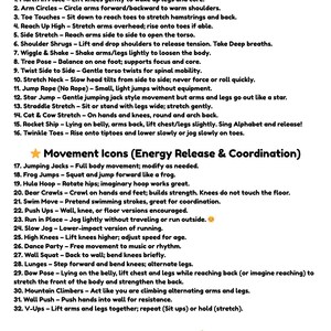 May include: A white paper with black text lists warm-up and movement exercises, including arm circles, toe touches, and jumping jacks. The text is organized into two sections, with a title at the top and bottom.