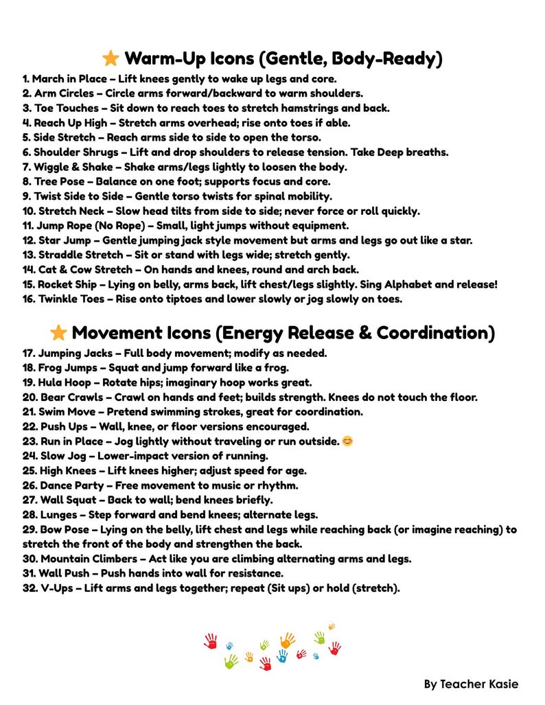 May include: A white paper with black text lists warm-up and movement exercises, including arm circles, toe touches, and jumping jacks. The text is organized into two sections, with a title at the top and bottom.