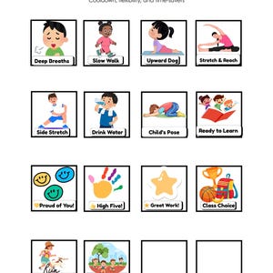 May include: A white chart with the title "Reset/Cooldown" and illustrations of exercises and positive reinforcement. The chart includes images of deep breaths, slow walk, upward dog, stretch & reach, side stretch, drink water, child's pose, and ready to learn.