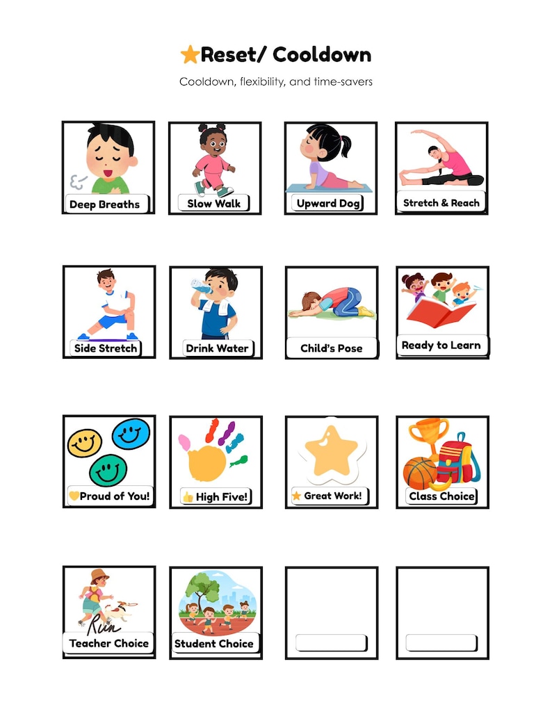 May include: A white chart with the title "Reset/Cooldown" and illustrations of exercises and positive reinforcement. The chart includes images of deep breaths, slow walk, upward dog, stretch & reach, side stretch, drink water, child's pose, and ready to learn.