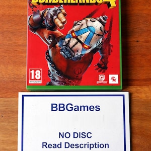 May include: Borderlands 4 Xbox Series X game case with a red background and a robot character illustration. The game case has the Xbox Series X logo and the text "Borderlands 4". A white sign below reads "BBGames NO DISC Read Description".