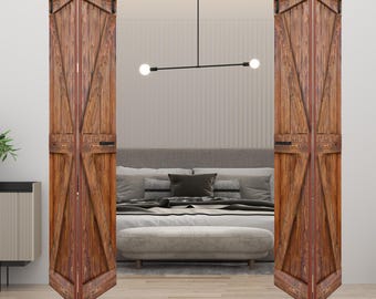May include: Two rustic, wooden barn doors with a dark brown finish, mounted on a black sliding track. The doors feature a classic cross-brace design. The doors are open, revealing a bedroom with a bed and bench.
