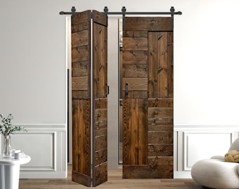 May include: A set of two brown wooden barn doors with a black sliding track system. The doors are made of reclaimed wood and have a rustic look. The doors are open and reveal a white wall behind them.
