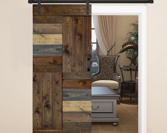 May include: A sliding barn door made of reclaimed wood with a multi-colored patchwork design. The door is open, revealing a room with furniture and a large fish sculpture.