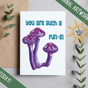 Arte de hongos púrpura, ilustración de la naturaleza, arte de hongos, tarjeta divertida, ilustración de hongos, tarjeta de felicitación imprimible, tarjeta de cumpleaños imprimible