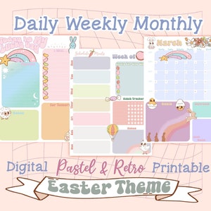 May include: A digital printable planner set with a pastel and retro Easter theme. The set includes daily, weekly, and monthly planner pages with cute bunny and egg illustrations. The text "Today is my lucky day" is featured on the daily planner page.