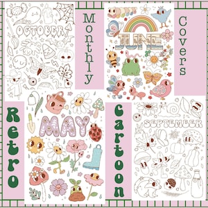 Páginas imprimibles de planificador de dibujos animados retro, páginas para colorear de portada mensual, plantilla de página de título de diario A5, página de portada IMPRIMIBLE de Bullet Journal Bujo