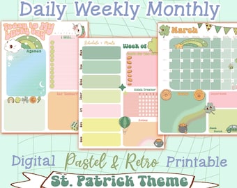 Retro Cartoon Planner Pagina's, Leuke Pastel St. Patty Themapagina's, A5 Sjabloon, Bujo AFDRUKBARE DIGITALE Dagelijkse Weekplanner voor maart 2024