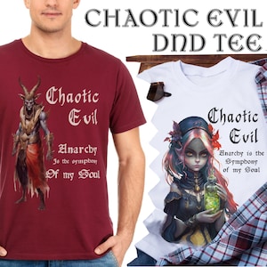 Puede incluir: Dos camisetas con un tema de mal caótico. Una camiseta presenta un fondo rojo con una ilustración de un demonio y el texto "Chaotic Evil Anarchy is the symphony of my Soul". La otra camiseta presenta un fondo blanco con una ilustración de un personaje femenino y el texto "Chaotic Evil Anarchy is the Symphony of my Soul".