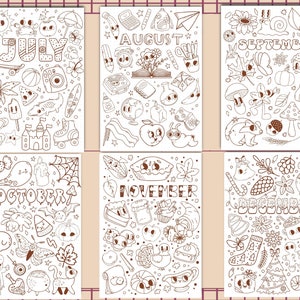 Op de afbeelding: Een set van zes zwart-wit illustraties met elk een andere maand van het jaar. Elke illustratie is gevuld met schattige, grillige tekeningen van objecten en activiteiten die bij die maand horen. De maanden zijn juli, augustus, september, oktober, november en december.
