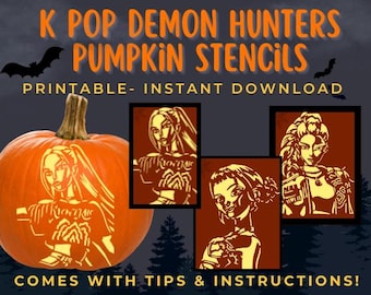 May include: An orange pumpkin with a carved design of a woman, alongside three stencil designs. The text reads "K POP DEMON HUNTERS PUMPKIN STENCILS PRINTABLE - INSTANT DOWNLOAD" and "COMES WITH TIPS & INSTRUCTIONS!" Bats are silhouetted in the background.