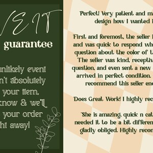 Op de afbeelding: Een groene en witte afbeelding met de tekst "LOVE IT guarantee" en een vlinderillustratie. De tekst eronder luidt "In het onwaarschijnlijke geval dat je je item niet absoluut LEUK vindt, laat het ons weten en we zullen je bestelling onmiddellijk terugbetalen!"